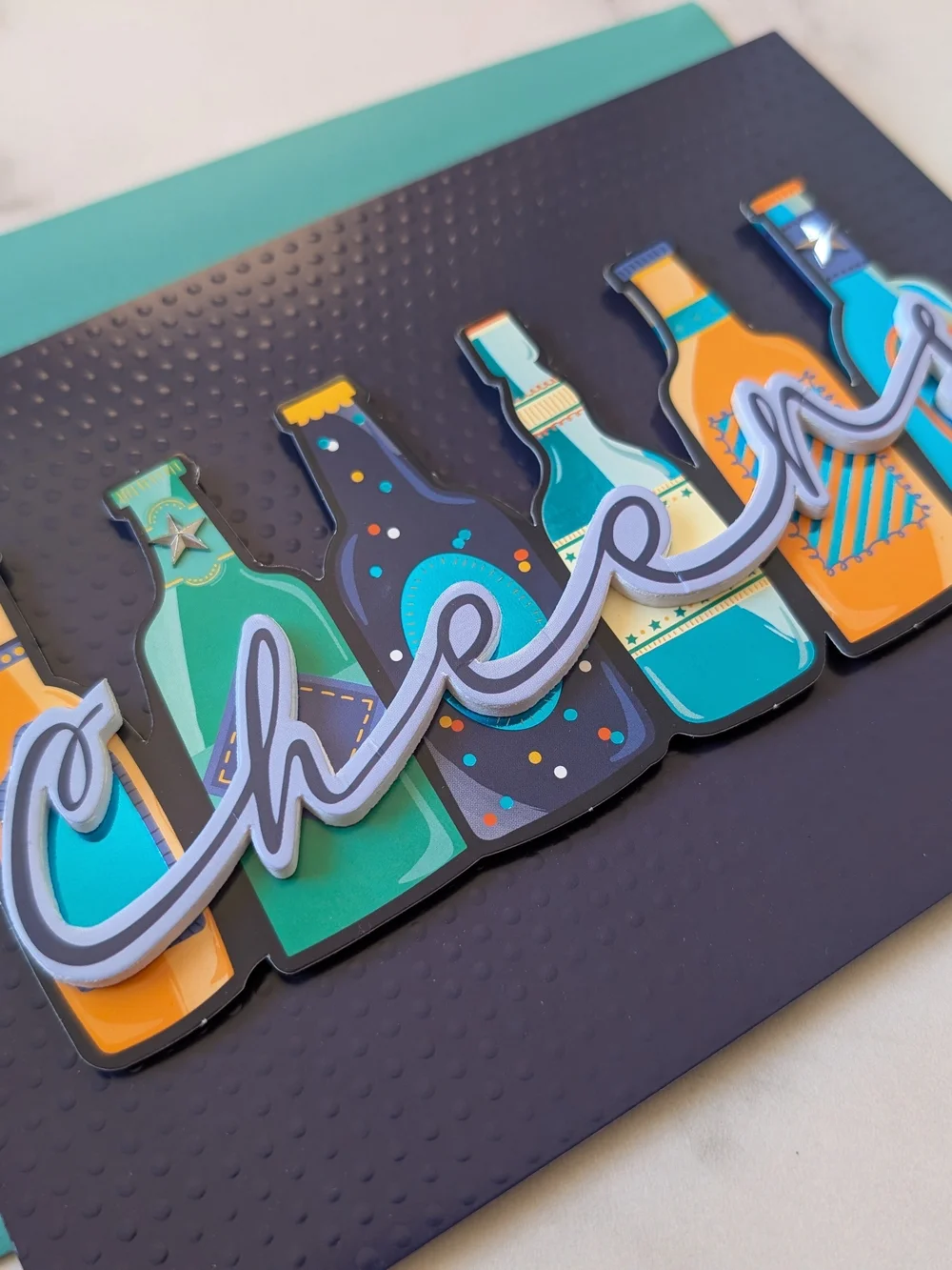 Cheers Bottle Pop-Up Card - Teal, Navy & Orange